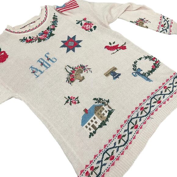 Vintage 90s Venezia Sweater 14/16 Grandmacore USA Flag Cross Stitch Cottagecore - Picture 3 of 10